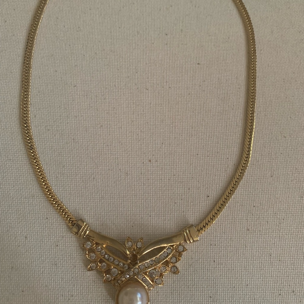 Gold Fashion Faux Pearl & Rhinestone Necklace